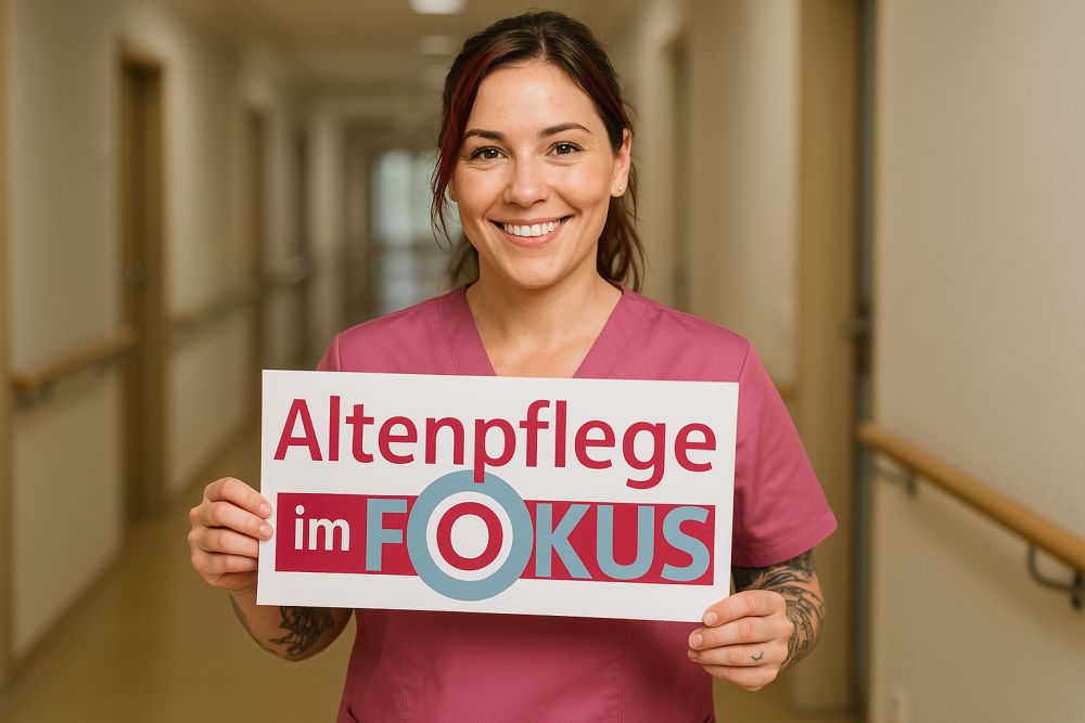 Eine Altenpflegerin hält ein Schild in die kamera auf dem steht: Altenplege im Fokus