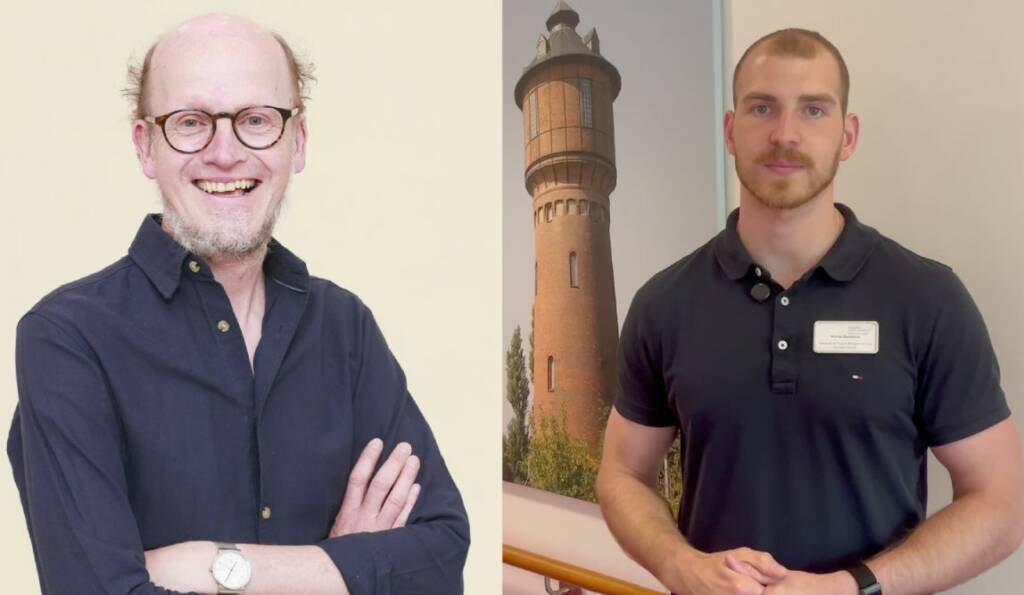 Altenpflege-Redakteur Tino Schaft und Nikolas Baeskow von der Diakonie Nord-Nord-Ost