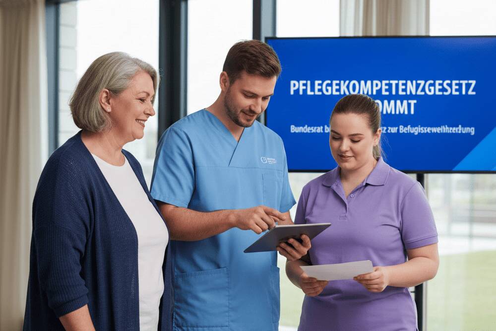 Drei Beschäftigte in der Altenpflege schauen auf ein Tablet. Im Hintergrund ist ein Monitor mit dem Wort "Pflegekompetenzgesetz" zu sehen.
