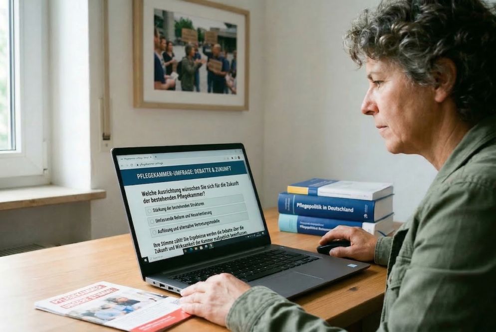 Ein Person sitzt vor einem Laptop und nimmt an der Pflegekammer-Befragung teil (KI-generiertes Foto).