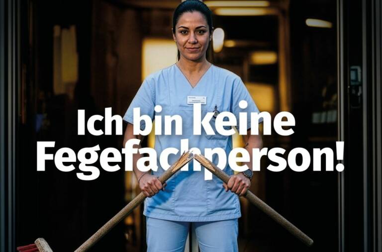 Eine Pflegefachfrau blickt selbstbewusst in die Kamera und zerbricht symbolisch einen Besen. Darüber steht der Satz: „Ich bin keine Fegefachperson.“