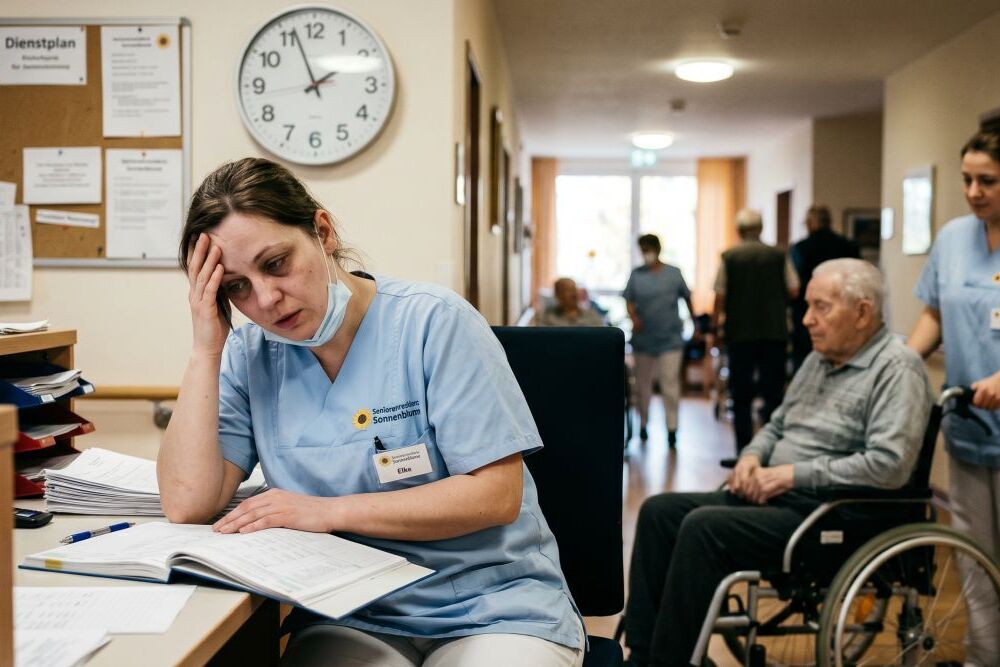 KI-generiertes Bild. Altenpflegerin sitzt sichtbar angeschlagen im Diesntzimmer