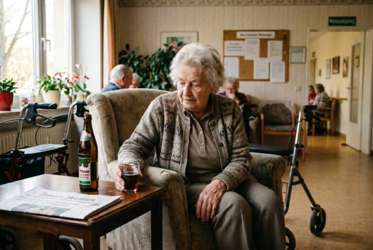 Ältere Frau sitzt im Wohnbereich eines Pflegeheims und trinkt ein Bier