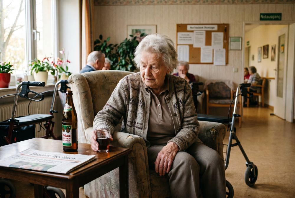 Ältere Frau sitzt im Wohnbereich eines Pflegeheims und trinkt ein Bier