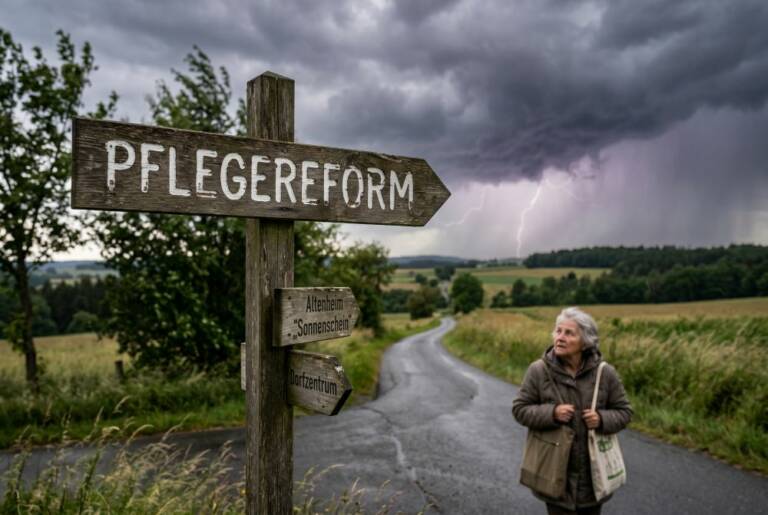 Wegweiser mit der Aufschrift "Pflegereform" an einer Landstraße. Im Hintergrund zieht ein Gewitter auf