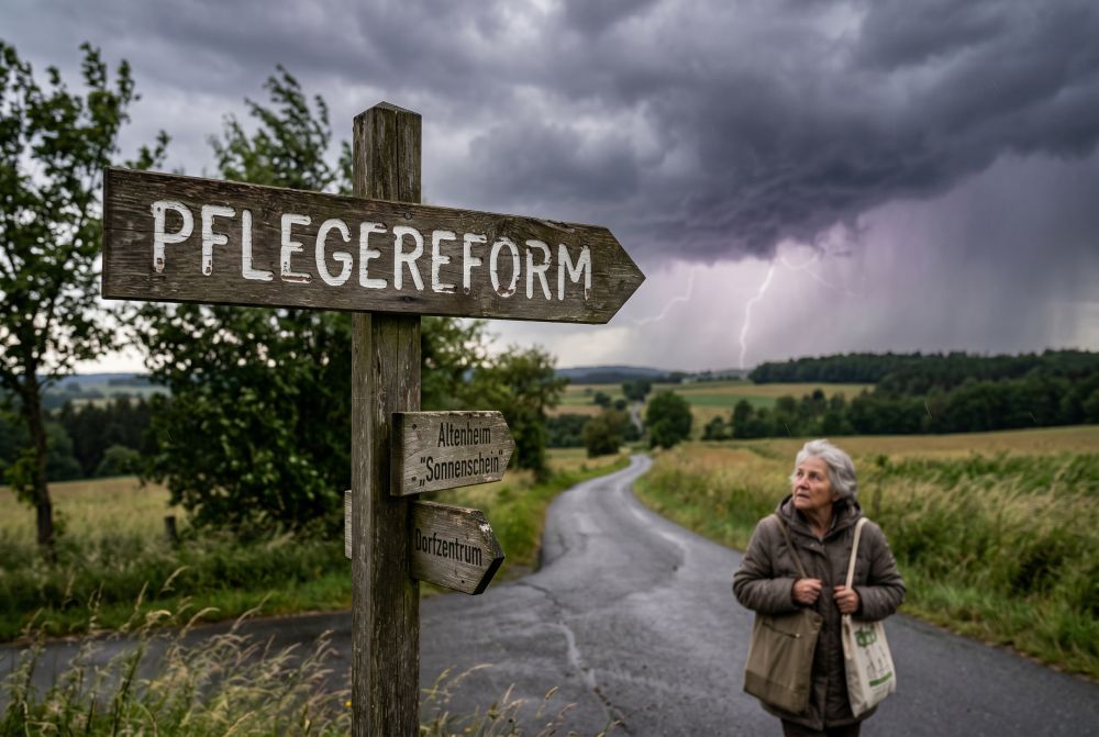 Wegweiser mit der Aufschrift "Pflegereform" an einer Landstraße. Im Hintergrund zieht ein Gewitter auf