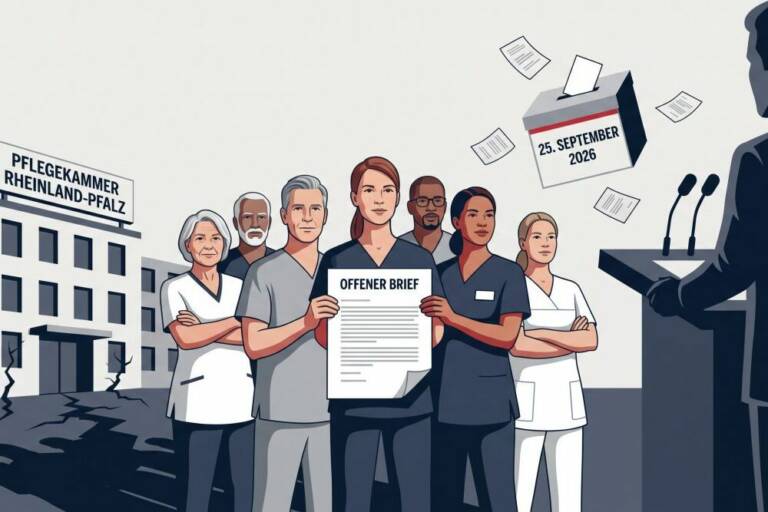 Illustration: Pflegefachpersonen stehen mit einem offenen Brief im Bild.